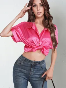 Stylish women's pink satin short-sleeved button-down shirt tied at waist casual blouse