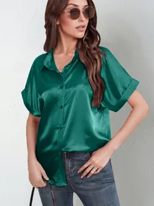 Elegant emerald green satin short-sleeve button-down shirt for women, loose casual fit.