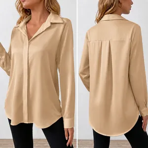 Elegant beige satin long-sleeve blouse for women with a smooth silk-like finish.
