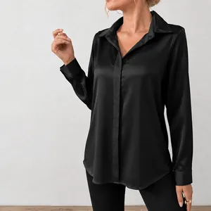 Elegant black satin long sleeve shirt for women featuring a smooth silk-like texture