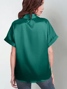 Women's elegant dark green satin short-sleeve casual loose shirt, stylish back view