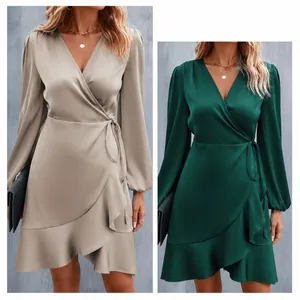 Elegant V-neck satin wrap dress with long puff sleeves and ruffle hem detail for women
