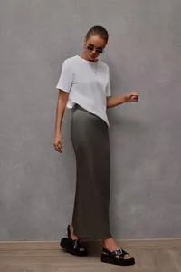 Full view of elegant grey satin maxi skirt with high waist fishtail design