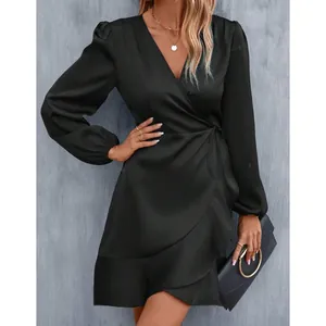 Elegant black V-neck satin wrap dress with long sleeves and a feminine ruffled hemline