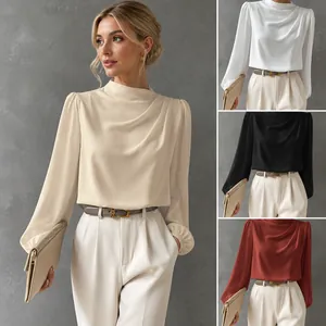 Camicetta Elegante in Raso da Donna Girocollo Plissettato Manica Lunga Pullover Tinta Unita Ufficio Signora Moda Pendolare Top Camicie