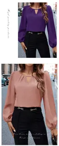 Detalle de blusa elegante de satén con manga larga y escote de lágrima en dos colores