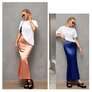 Satin high-waisted fishtail maxi skirt for women in peach and royal blue