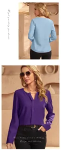 Viste dettagliate anteriori e posteriori di eleganti camicette in raso da donna viola e azzurre