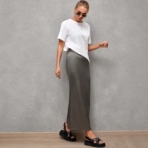 Elegant grey satin maxi skirt with high waist and fishtail silhouette