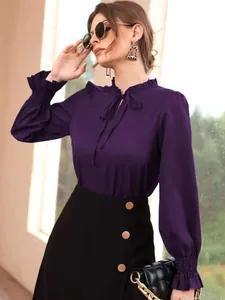 Elegant purple satin long sleeve blouse with ruffle collar and tie neck for women