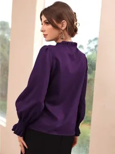 Elegant dark purple satin long-sleeved shirt for women with ruffled collar and cuffs