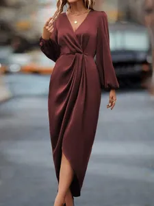 Elegant burgundy satin midi dress featuring lantern sleeves and a wrap-style irregular slit.