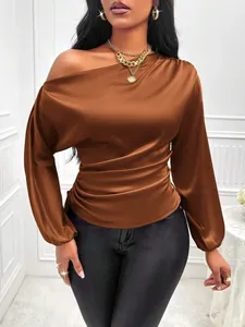 Elegant brown satin asymmetrical off-the-shoulder blouse with long sleeves for women