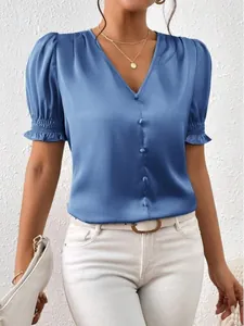 Elegant French style blue satin V-neck button down shirt with ruffled short sleeves