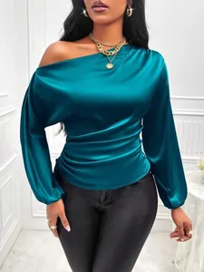Elegant teal satin blouse featuring an asymmetric one-shoulder design and draped details.