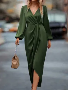 Elegant dark green satin maxi dress with lantern sleeves and asymmetrical slit