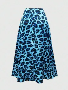 Eleganter blauer Midi-Rock aus Satin mit Leopardenmuster für Damen in modischer A-Linie