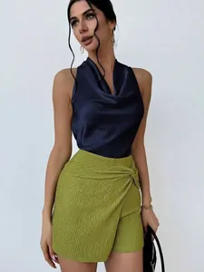 Elegant navy blue sleeveless satin cowl neck blouse for professional work wear attire.