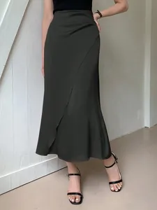 Elegant charcoal satin midi skirt with silk-like texture and soft draped detailing