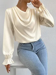 Elegant cream satin blouse featuring a cowl neck and ruffled cuffs detail for women