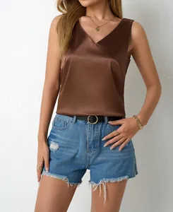Detail view of elegant brown satin V-neck tank top for women in casual summer style