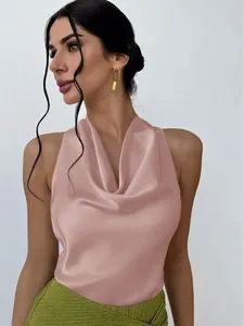 Women's Sexy Sleeveless Satin Cowl Neck Blouse Halter Back Bow Tie Top Elegant Solid Color Satin Work Shirt For Summer