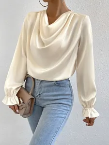 Elegant cream satin blouse with cowl neck and ruffle cuffs for women's spring fashion