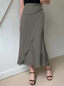 Elegant grey satin midi skirt with smooth faux silk finish and chic high waist design