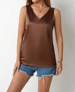 Elegant brown satin V-neck sleeveless top for women in a summer casual style
