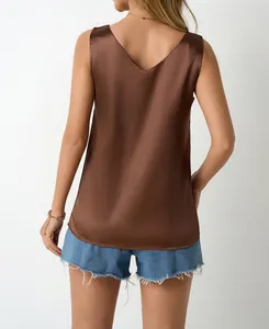 Detailed back view of an elegant brown satin V-neck sleeveless tank top for women