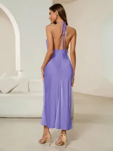 Elegant purple satin backless maxi dress with halter tie-up design for women's evening wear