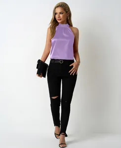 Full view of elegant lavender satin halter neck top on model for summer fashion