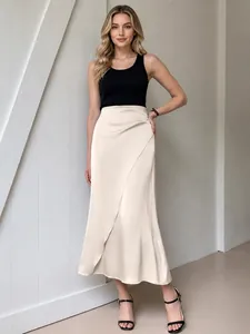 Women Elegant Satin Midi Skirt High Waist Asymmetric Wrap A-Line Skirt Solid Color Silky Flowy Skirt For Commuting Party Lady