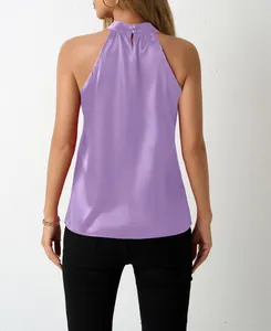 Back view of a purple satin halter neck top for women with a sleek finish