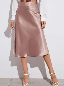 Jupe Midi en Satin à Taille Haute pour Femmes Élégante Jupe trapèze en Soie de Couleur Unie Avec Fermeture Éclair pour le Bureau Mode Quotidienne