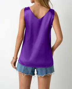 Back view of a elegant purple satin V-neck sleeveless tank top for women