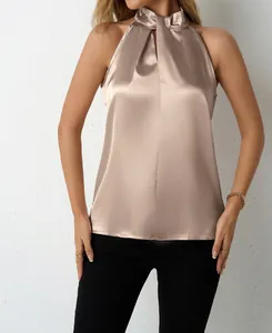 Champagne satin halter neck top for women showing elegant silky texture and fit