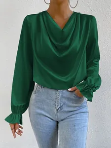 Elegant green satin cowl neck blouse featuring long sleeves and delicate ruffled cuffs