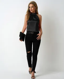 Elegant black satin halter neck sleeveless top with a high collar for a summer look