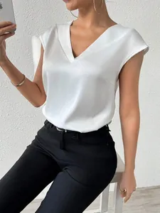 Elegant white satin V-neck blouse with short sleeves perfect for casual or party wear