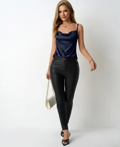 Elegant navy blue satin camisole top featuring a chic cowl neck and sleeveless design