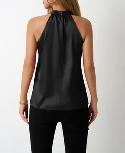 Elegant black satin halter neck sleeveless top shown from the back view with button detail