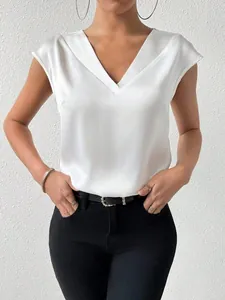 Elegant white satin V-neck blouse with short sleeves for women, perfect for parties