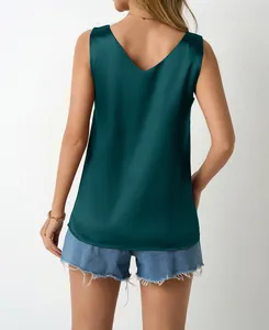 Detailed back view of a teal satin V-neck tank top with smooth fabric texture.