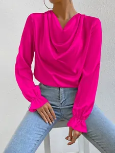 Elegant magenta satin long sleeve blouse with cowl neck and ruffled cuffs