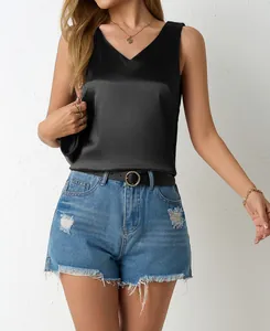 Close-up of black satin V-neck sleeveless tank top for women's summer fashion wear