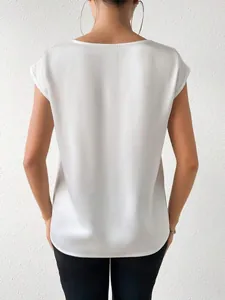 Detailed back view of a minimalist white satin sleeveless blouse with silky texture