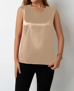 Eleganteres, ärmelloses Satin-Top mit V-Ausschnitt für Damen in Champagnergold