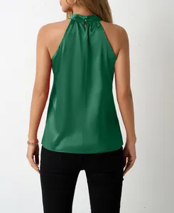 Detailed back view of an elegant glossy green satin halter neck top for women 2024