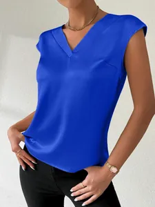 Elegant blue satin short sleeve blouse with V-neckline detail and smooth texture.